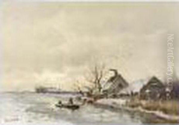 A Winter Landscape With Farm Houses Along A Waterway Oil Painting by Louis Apol