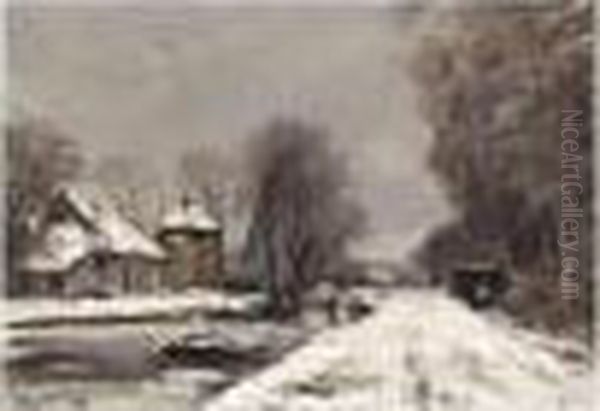 A Winter Landscape With A Figure By A Drawbridge Oil Painting by Louis Apol