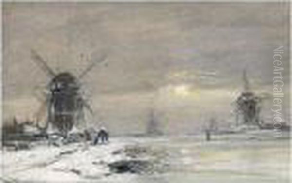 Windmills In A Winter Landscape Oil Painting by Louis Apol