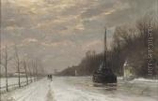 By The Canal In Winter At Dusk Oil Painting by Louis Apol