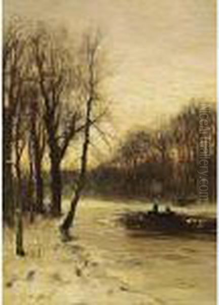 Figures In A Winter Landscape At Dusk Oil Painting by Louis Apol