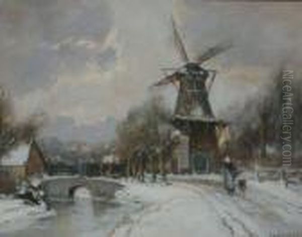 Woman Along A Country Road In Winter Oil Painting by Louis Apol