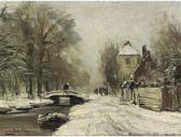 A Wintry Road Along A Waterway Oil Painting by Louis Apol