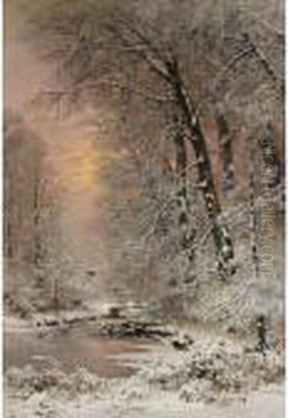 A Snowy Landscape At Sunset Oil Painting by Louis Apol