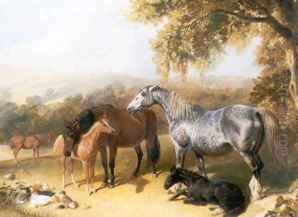 Mares and Foals in a Landscape Oil Painting by John Frederick Herring Snr