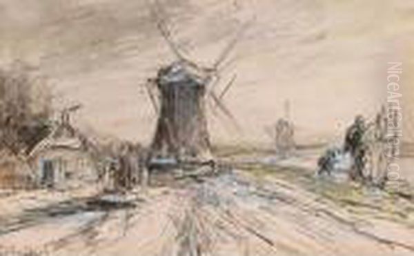 A Polder Landscape With Windmills In Winter Time Oil Painting by Louis Apol