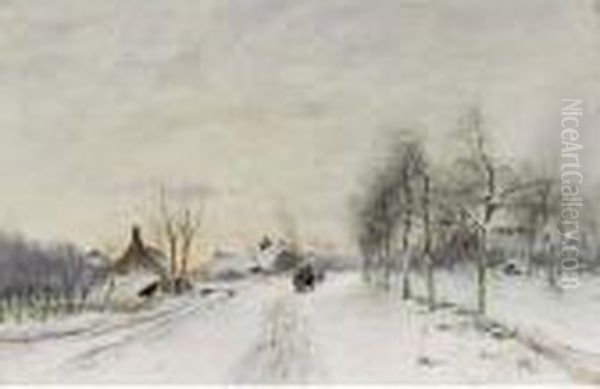 A Winter Landscape With Travellers On A Path Oil Painting by Louis Apol