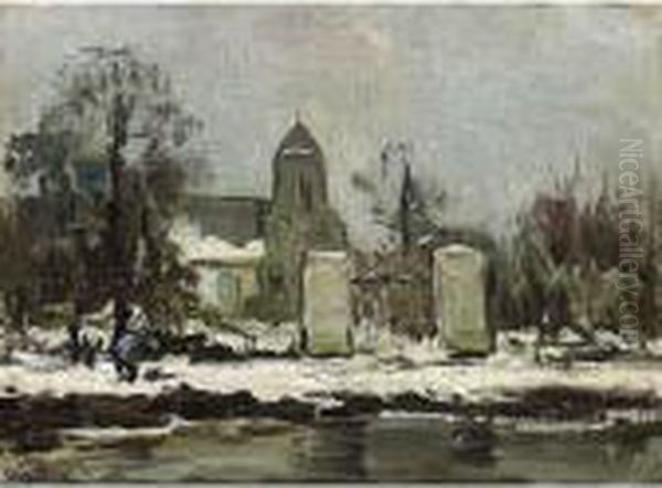 A Winter Landscape With A Figure Walking Along A Canal Oil Painting by Louis Apol