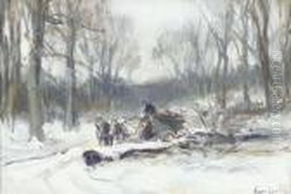 A Horse-drawn Cart On A Frosty Winter Track Oil Painting by Louis Apol