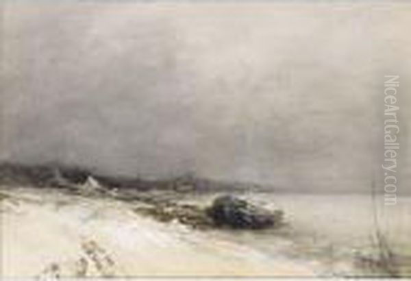 An Extensive Winter Landscape With A Boat Oil Painting by Louis Apol