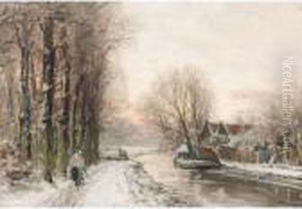 A Winter Landscape With A Figure Near A Stream Oil Painting by Louis Apol