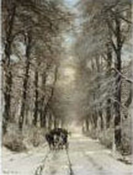 A Horse-drawn Cart On A Snowy Lane Oil Painting by Louis Apol