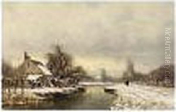 A Winter Landscape With A House On The Waterfront Oil Painting by Louis Apol