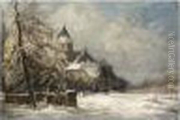 A Winter Landscape With A Church Oil Painting by Louis Apol