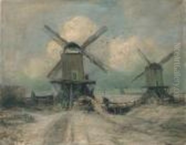 Windmills In An Extensive Winter Landscape Oil Painting by Louis Apol