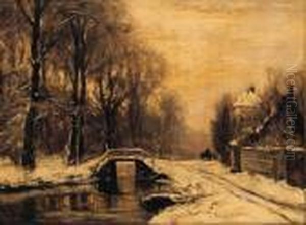 A Snowcovered Forest With A Bridge Across A Stream Oil Painting by Louis Apol