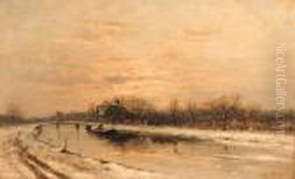 Winter: An Orchard Alongside A Canal With A Farmhouse In Thedistance At Dusk Oil Painting by Louis Apol