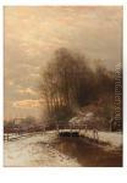 A Winter Landscape With A Peasant Woman And A Child On A Snowy Pathat Sunset Oil Painting by Louis Apol