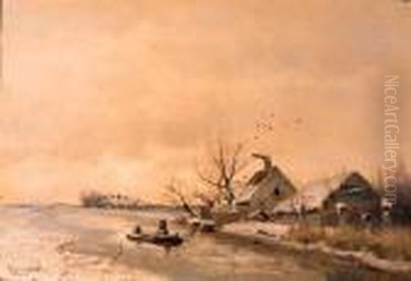 Farms Along A Canal In Winter Oil Painting by Louis Apol