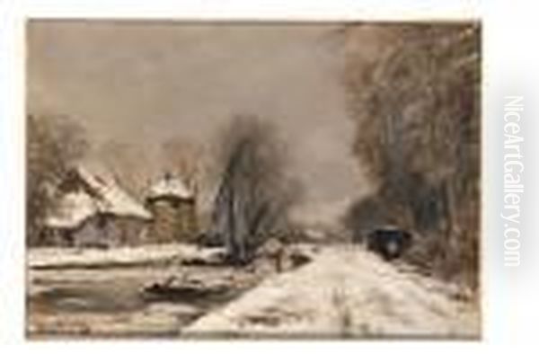 A Winter Landscape With Houses Along A Frozen Canal Oil Painting by Louis Apol