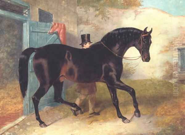 Dark Bay Racehorse by Stable Oil Painting by John Frederick Herring Snr