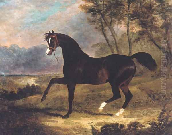 Dark Bay Racehorse in Landscape Oil Painting by John Frederick Herring Snr