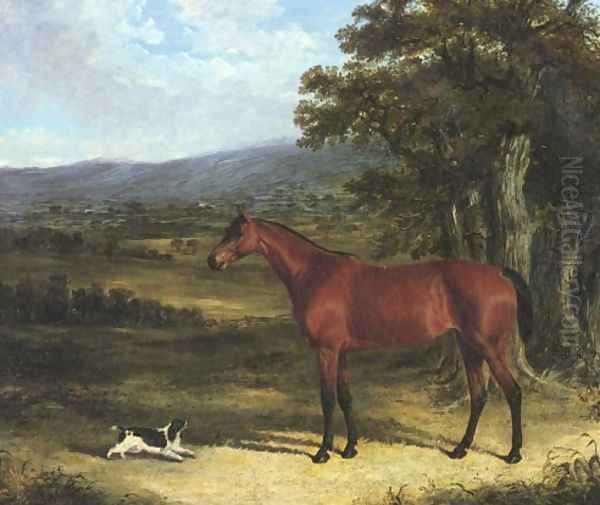 Bay And Spaniel In Landscape 1830 Oil Painting by John Frederick Herring Snr