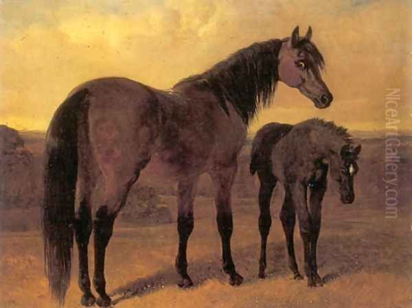 A Mare and Her Foal in a Landscape Oil Painting by John Frederick Herring Snr