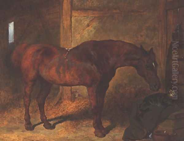 Chestnut Hunter & Cat in Stable Oil Painting by John Frederick Herring Snr