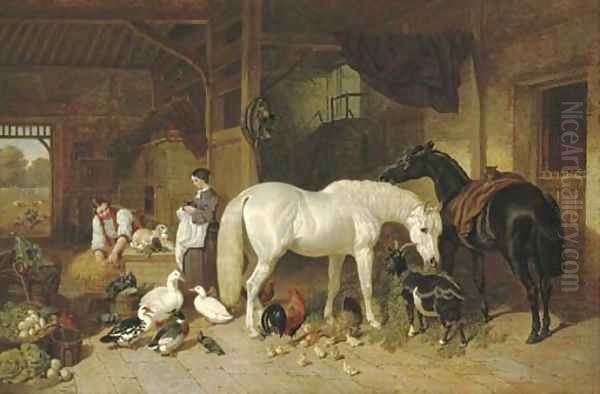 A barn interior with figures and livestock Oil Painting by John Frederick Herring Snr