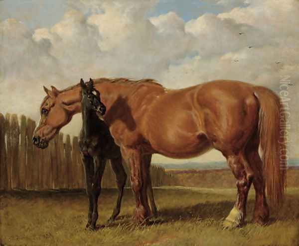 A chestnut mare with her foal in a paddock Oil Painting by John Frederick Herring Snr