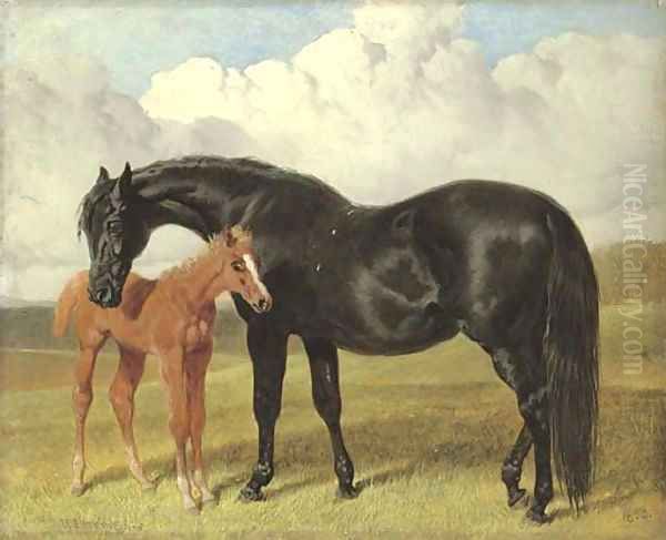 A mare and foal in a landscape Oil Painting by John Frederick Herring Snr