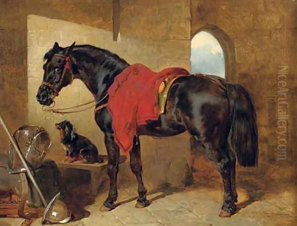 The cavalier's charger, saddled and draped with a crimson cloth, a King Charles spaniel with a blue bow around its neck, a cuirass Oil Painting by John Frederick Herring Snr