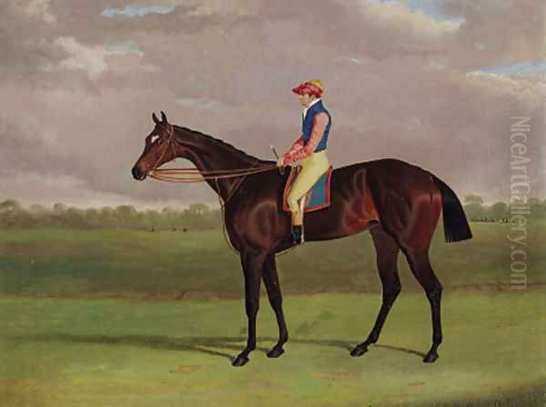 Bessy Bedlam, a brown racehorse with Tommy Lye up, in a landscape Oil Painting by John Frederick Herring Snr