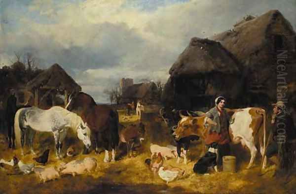 A farmyard scene with milkmaid and a farm labourer Oil Painting by John Frederick Herring Snr