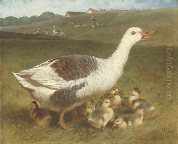 A goose and goslings in a landscape, figures beyond Oil Painting by John Frederick Herring Snr