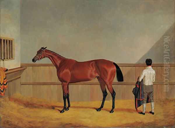 Matilda, a bay racehorse with her groom in a loosebox Oil Painting by John Frederick Herring Snr