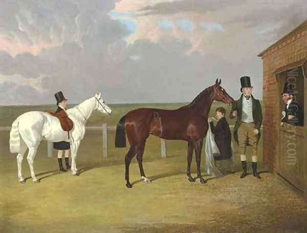 Vespa, a brown filly, held by her owner, Sir Mark Wood, Bt., her trainer seen leaning on a stable door, and a groom with a grey pony in attendance Oil Painting by John Frederick Herring Snr