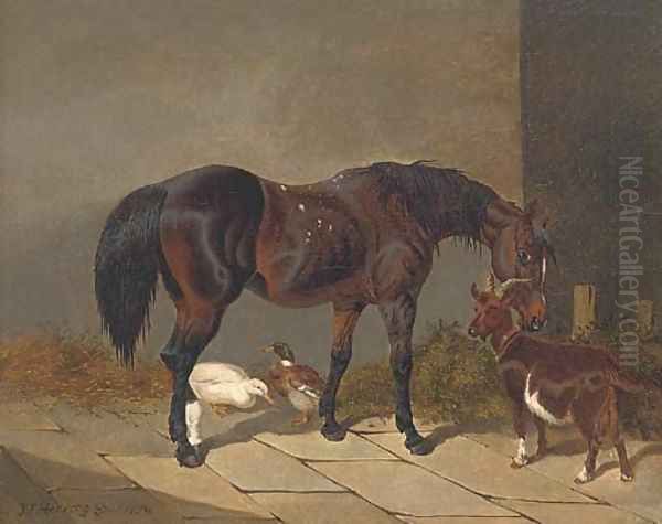 A bay horse with a goat and ducks Oil Painting by John Frederick Herring Snr