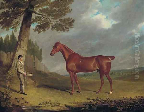 A chestnut hunter and a groom in a landscape Oil Painting by John Frederick Herring Snr