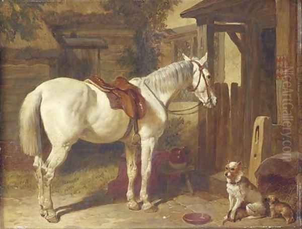 A saddled grey pony and dogs outside an inn Oil Painting by John Frederick Herring Snr