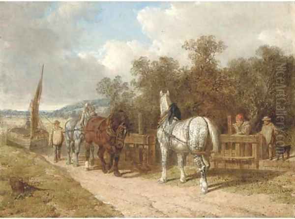 Barge horses by a lock Oil Painting by John Frederick Herring Snr