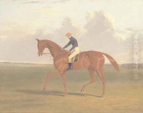 Colonel Peel's chestnut filly Vulture, with jockey up, on Newmarket Heath Oil Painting by John Frederick Herring Snr