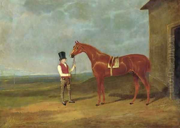 Mr. Dixon's Mountaineer, a chestnut colt, held by a groom outside a stable Oil Painting by John Frederick Herring Snr