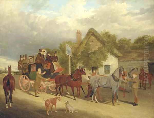 The Royal Mail - Changing Horses outside the Red Lion Oil Painting by John Frederick Herring Snr