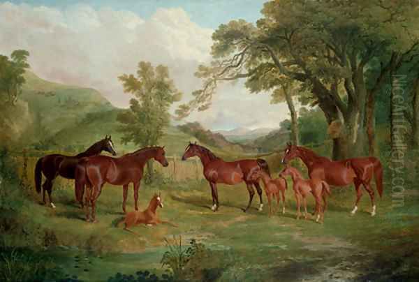 The Streatlam Stud, Mares and Foals Oil Painting by John Frederick Herring Snr