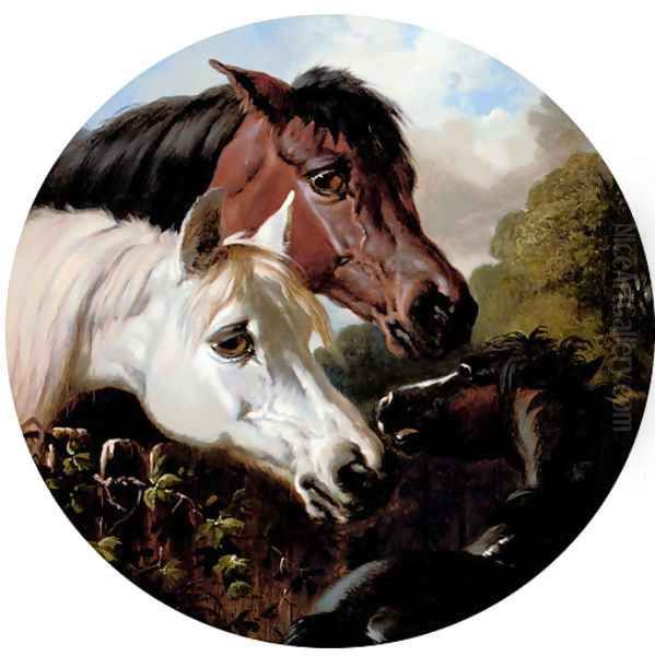 Two Horses with a Foal, by a Fence Oil Painting by John Frederick Herring Snr