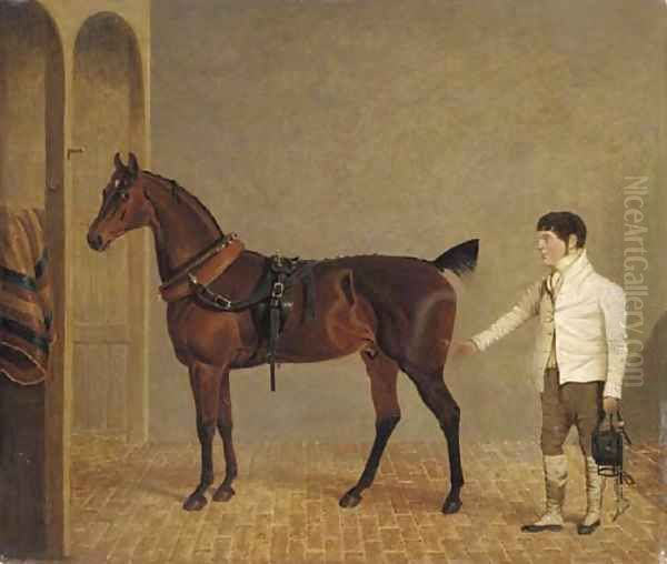 A carriage horse and groom in a stable Oil Painting by John Frederick Herring Snr