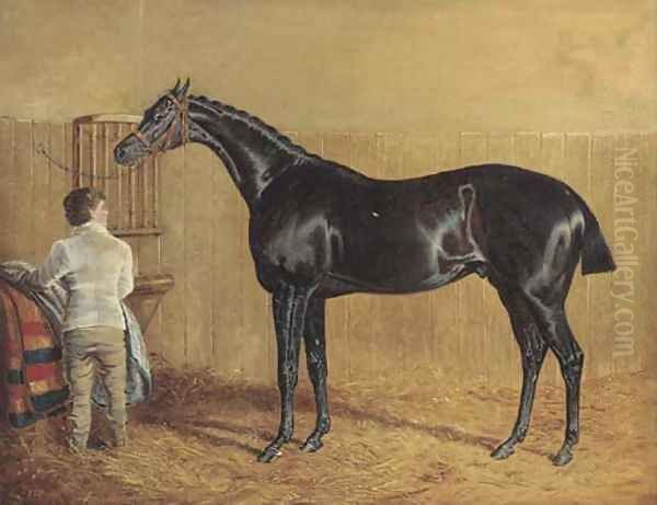 A racehorse in a stable with a groom Oil Painting by John Frederick Herring Snr