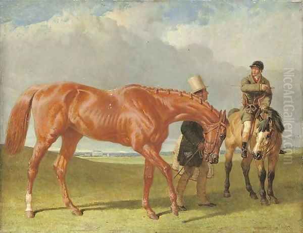 Bribery held by Alec Taylor Sen. (her trainer), the jockey Nat Flatman on a hack, Winchester racecourse beyond Oil Painting by John Frederick Herring Snr